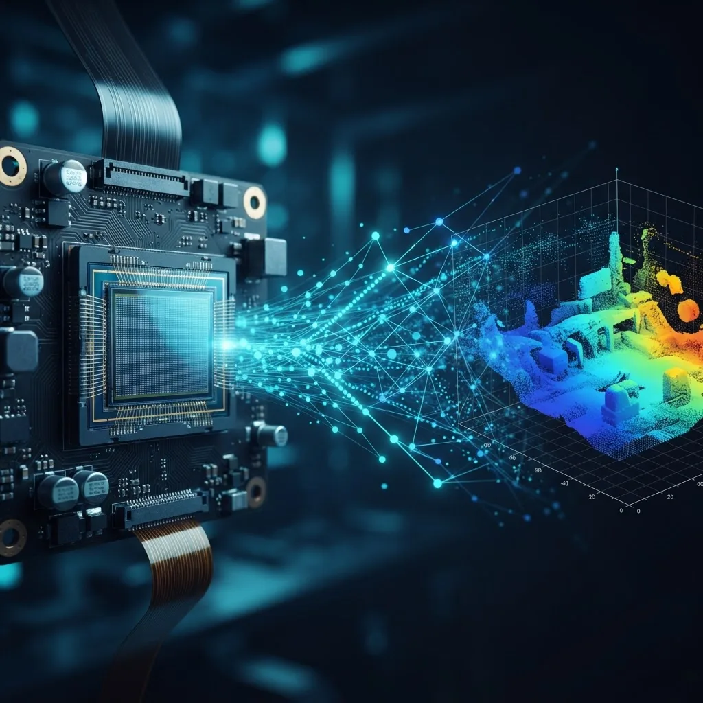 Image sensor board transforming raw measurements into a reconstructed 3D scene